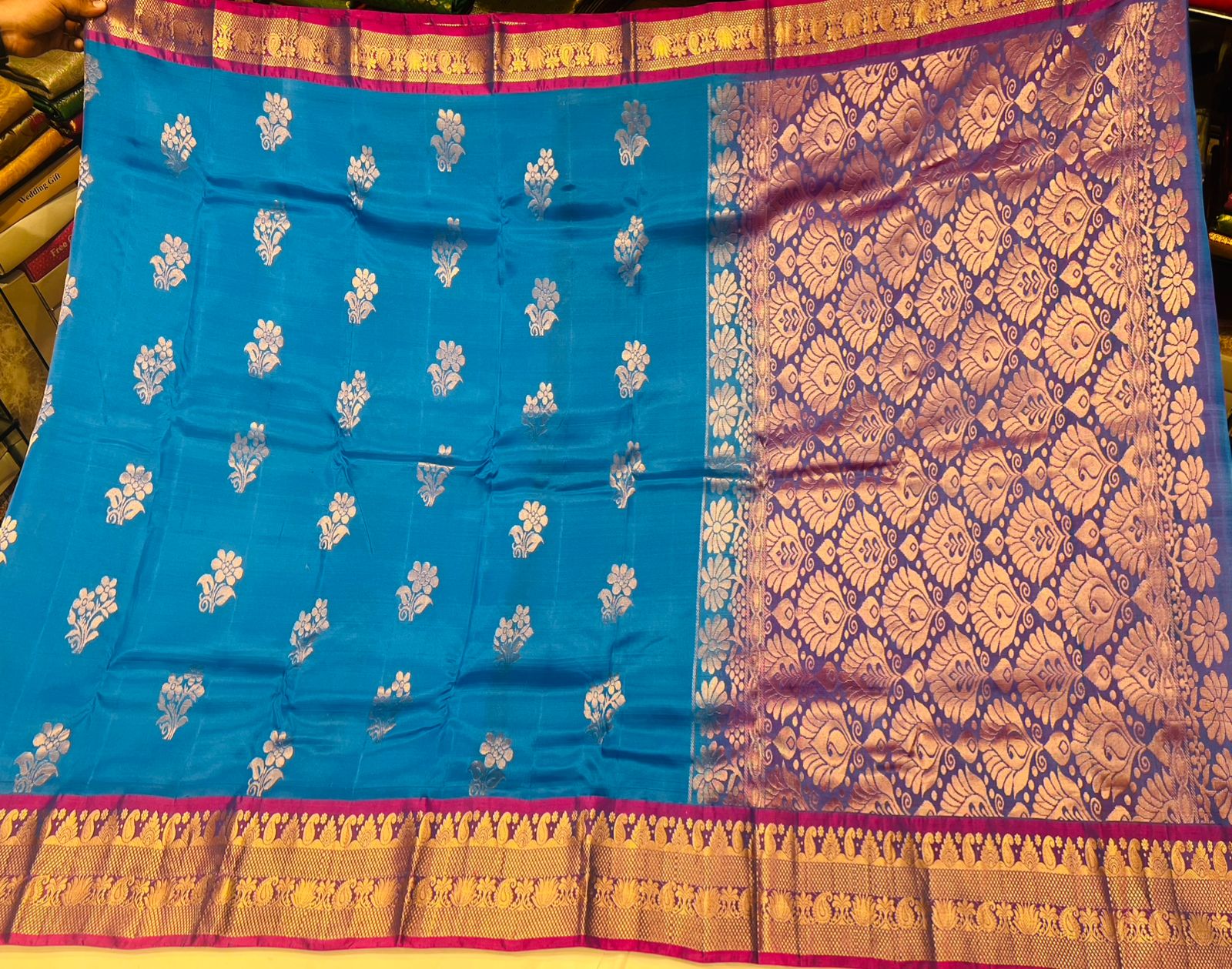 Turquoise Blue Khandani Silk Saree with Gold Zari Border & Buttas - Image 4