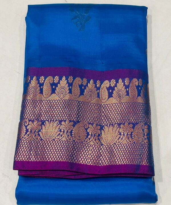 Turquoise Blue Khandani Silk Saree with Gold Zari Border & Buttas