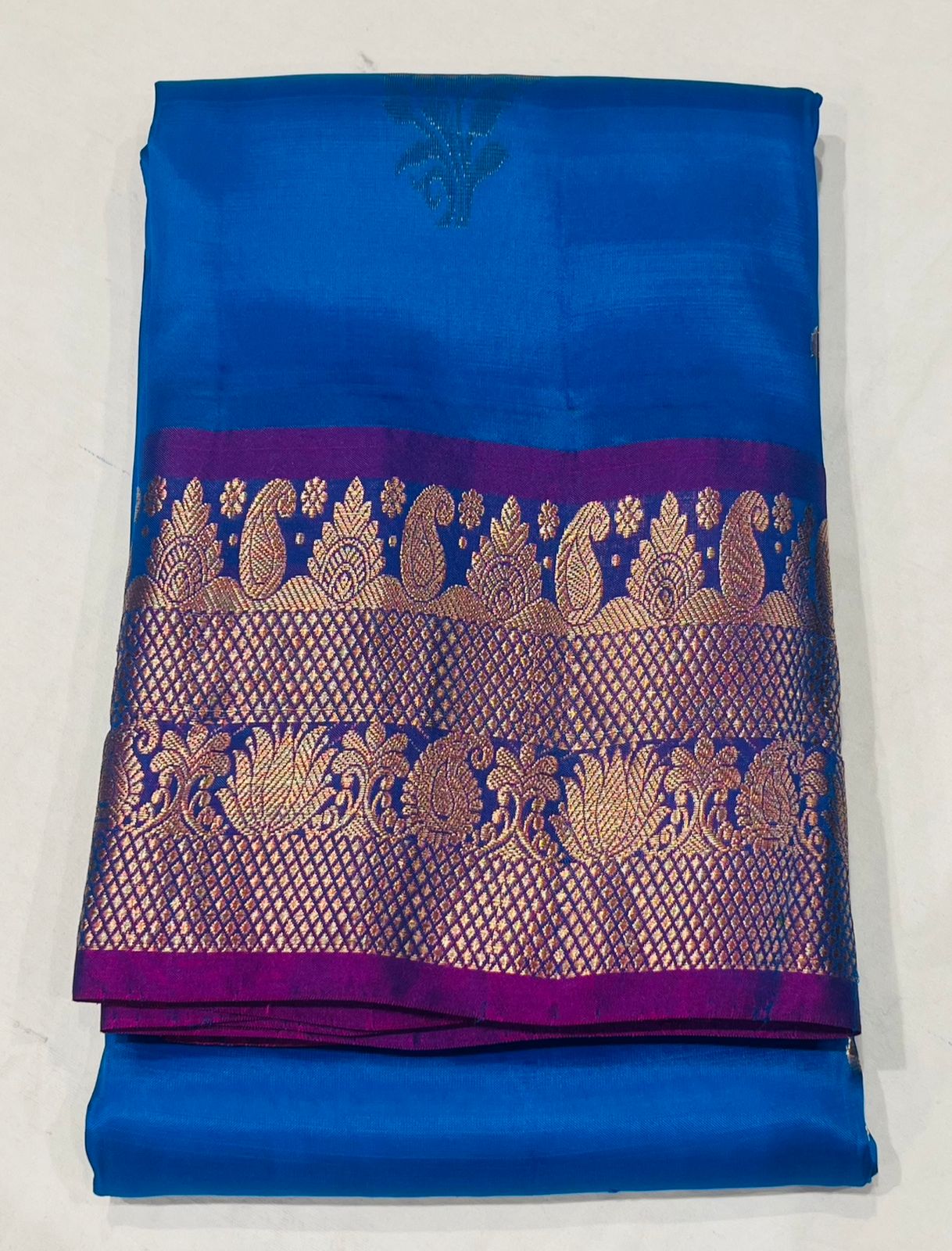 Turquoise Blue Khandani Silk Saree with Gold Zari Border & Buttas