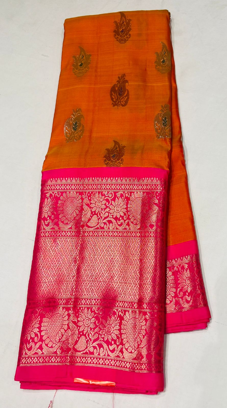 Orange and Pink Kanjivaram Saree with Gold and Silver Zari Work - Image 3