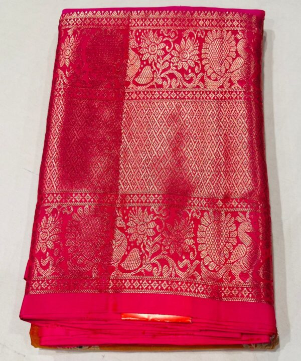 Orange and Pink Kanjivaram Saree with Gold and Silver Zari Work