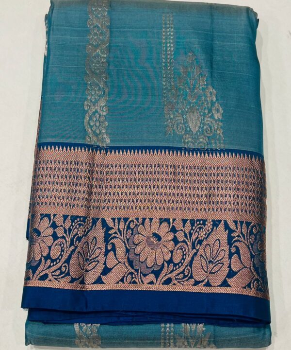 Teal Blue Khandani Silk Saree with Rose Gold Zari Weaving & Elegant Leaf Pallu Design