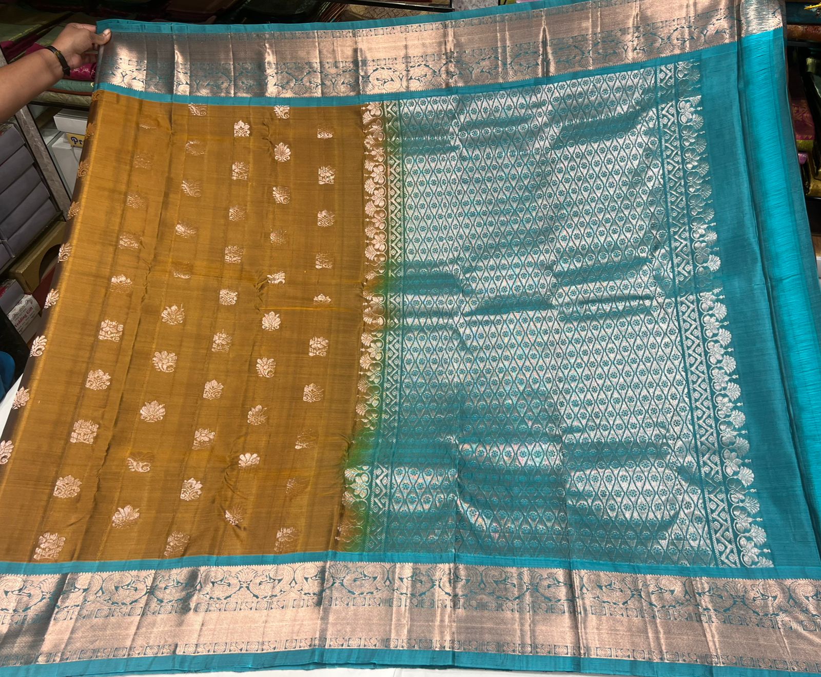 Mustard Yellow & Turquoise Blue Kanjivaram Silk Saree with Silver Zari Border and Rich Pallu - Image 4