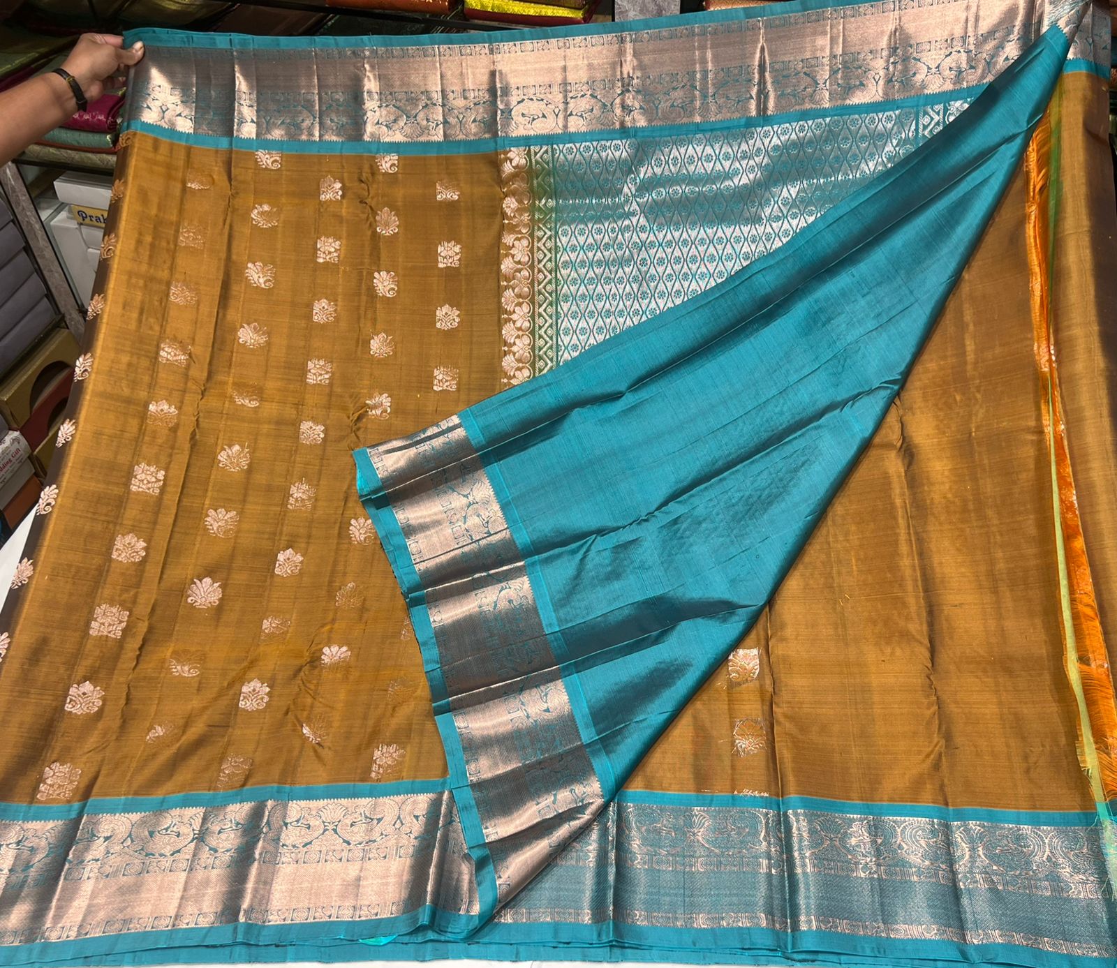 Mustard Yellow & Turquoise Blue Kanjivaram Silk Saree with Silver Zari Border and Rich Pallu - Image 5