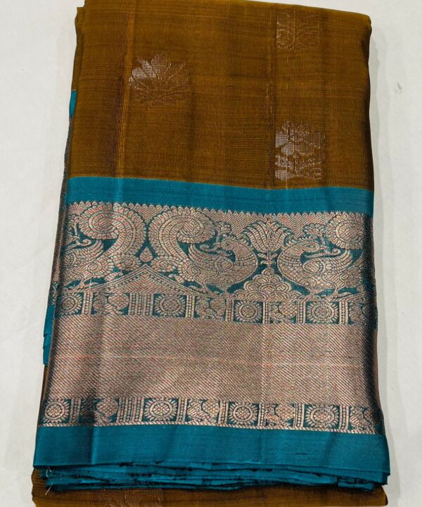 Mustard Yellow & Turquoise Blue Kanjivaram Silk Saree with Silver Zari Border and Rich Pallu