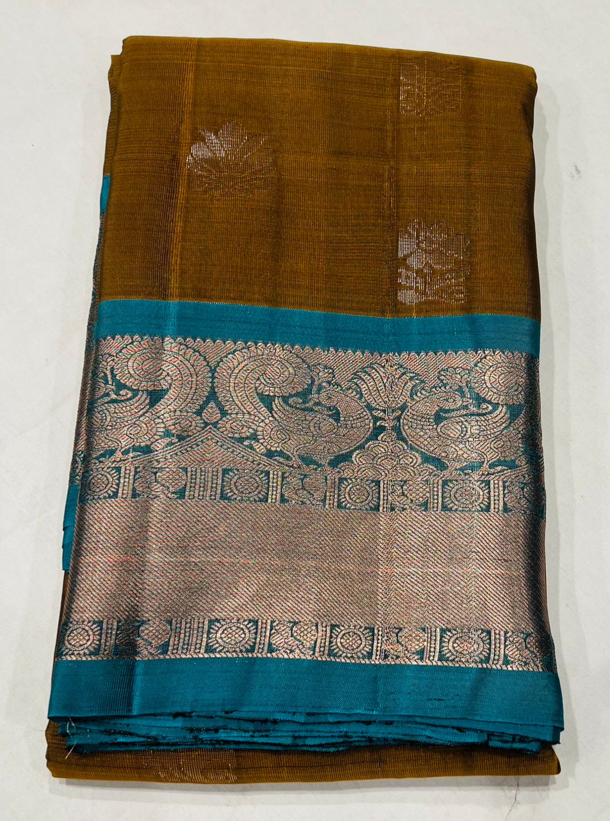 Mustard Yellow & Turquoise Blue Kanjivaram Silk Saree with Silver Zari Border and Rich Pallu