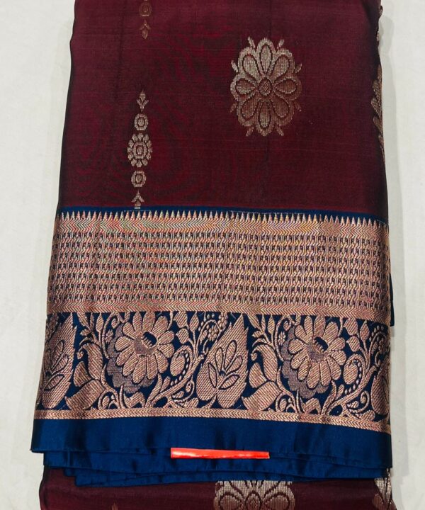 Maroon & Blue  Silk Saree with Golden Zari Weaving and Rich Brocade Pallu